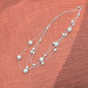Triple Strand Silver Pearl Necklace